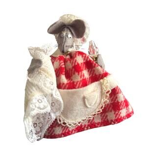 VTG Mice Folk Art Handmade‎ Mouse Holding Lantern Red And White Grey